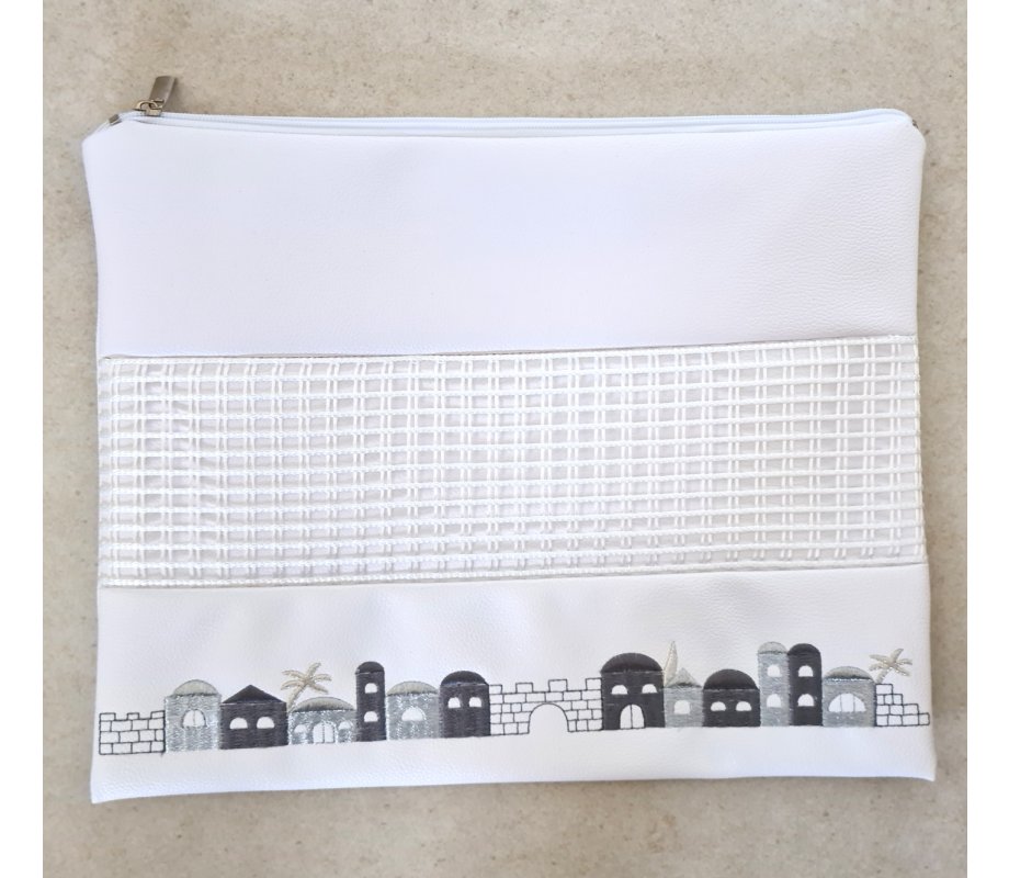 White Faux Leather Tallit and Tefillin Bag Set - Gray and Silver Jerusalem Images