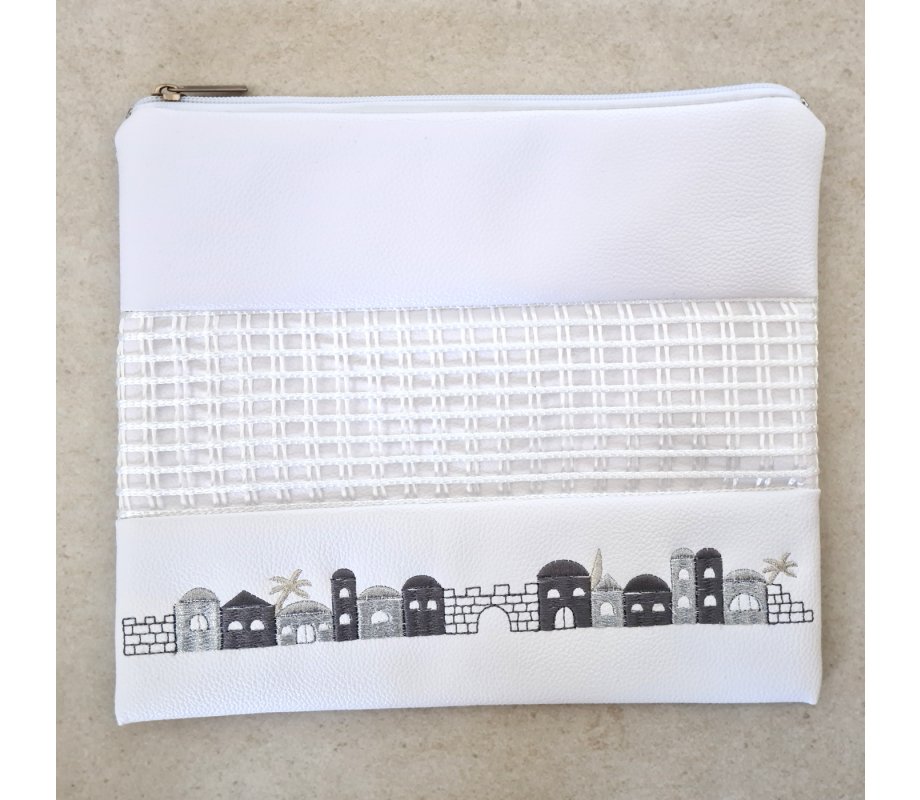 White Faux Leather Tallit and Tefillin Bag Set - Gray and Silver Jerusalem Images