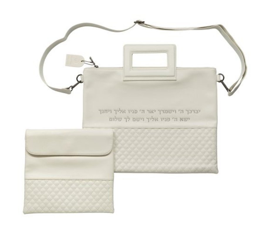 White Faux Leather Tallit and Tefillin Bag Set with Shoulder Strap – Kohen Blessing