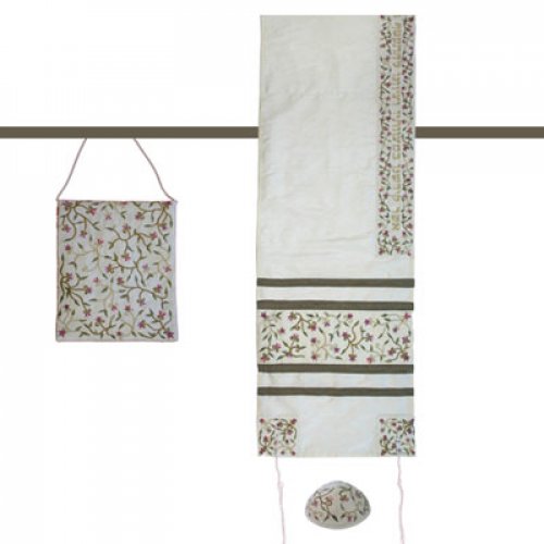 White Polysilk TalliSack Tallit Set with Embroidered Flowers - Yair Emanuel