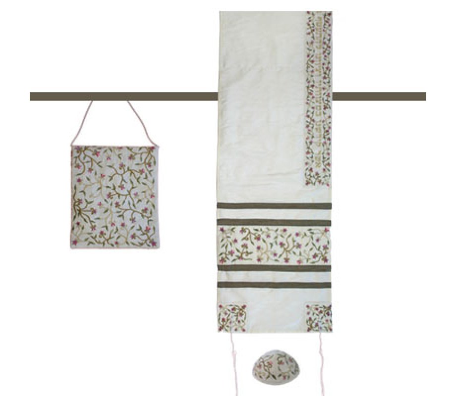 White Polysilk TalliSack Tallit Set with Embroidered Flowers - Yair Emanuel