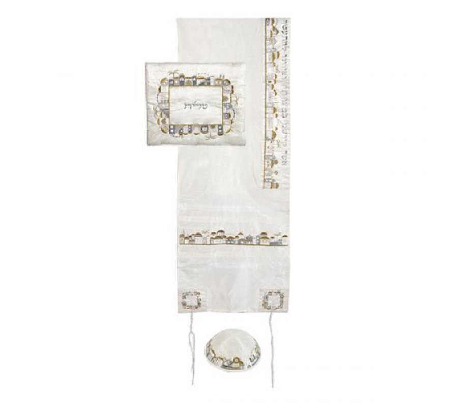 White Polysilk Tallit Set Embroidered Jerusalem Design, Gold and Silver - Yair Emanuel
