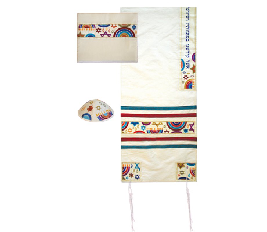 White Polysilk Tallit Set with Embroidered Colorful Judaic Symbols - Yair Emanuel