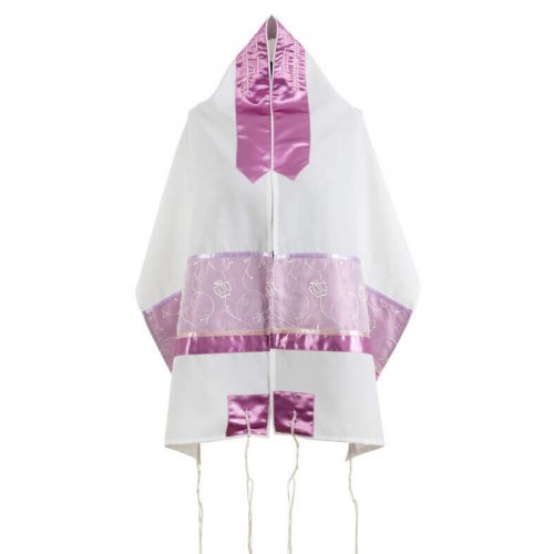White Tallit Set with Pink Flowers by Ronit Gur