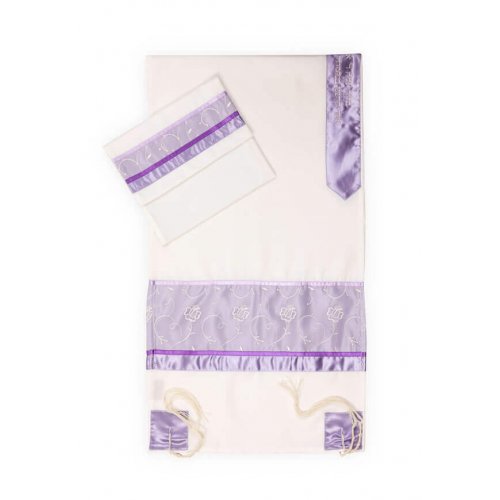 White Tallit Set with Purple Flowers by Ronit Gur