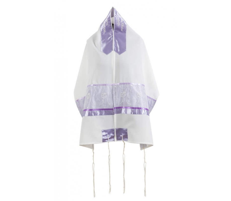 White Tallit Set with Purple Flowers by Ronit Gur