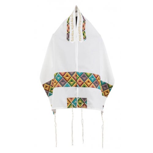 White Tallit Set with a Lively Geometric Design - Ronit Gur