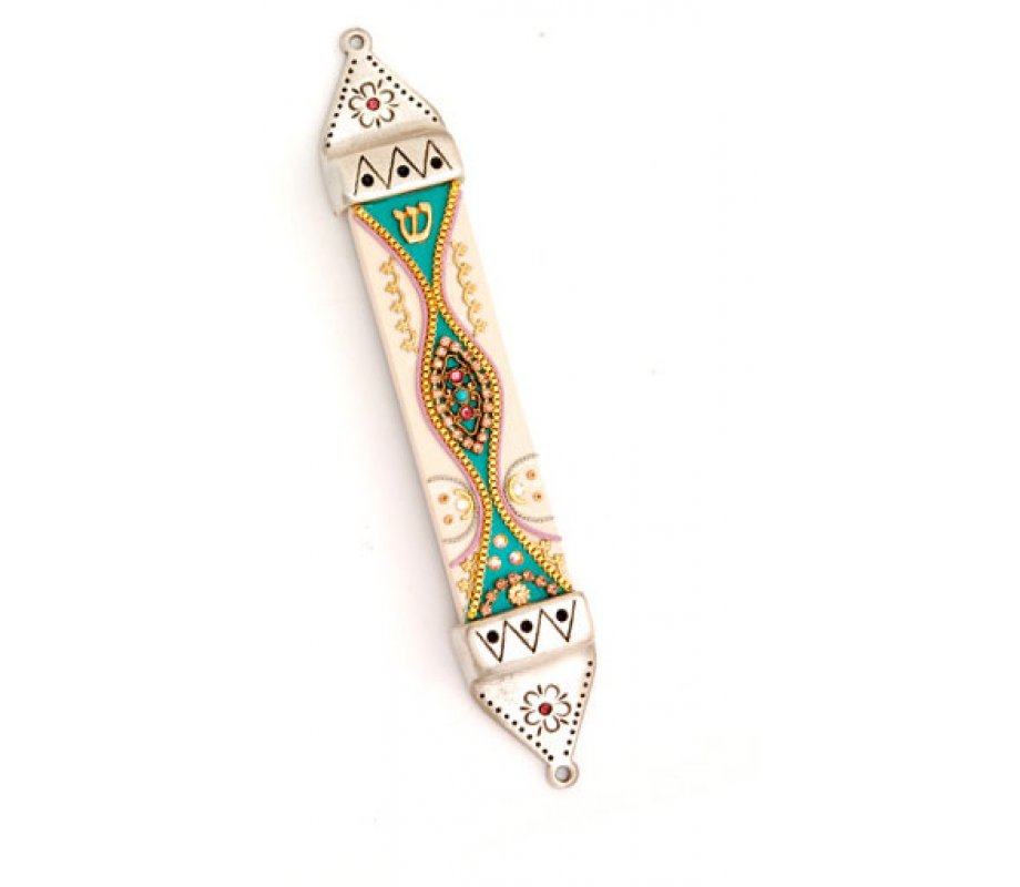 White and Teal Mezuzah Case - Ester Shahaf