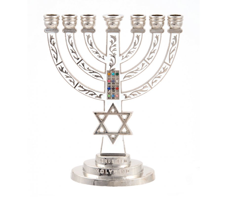 White on Silver 7-Branch Menorah with Star of David and Breastplate 5.2 Inches