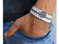 White with Navy Stitching Triple Wrap Men's Bracelet with Oxidized Silver-Plated Coin