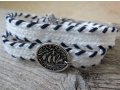 White with Navy Stitching Triple Wrap Men's Bracelet with Oxidized Silver-Plated Coin