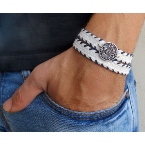 White with Navy Stitching Triple Wrap Men's Bracelet with Oxidized Silver-Plated Coin