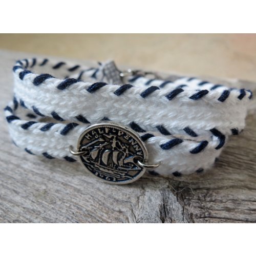 White with Navy Stitching Triple Wrap Men's Bracelet with Oxidized Silver-Plated Coin