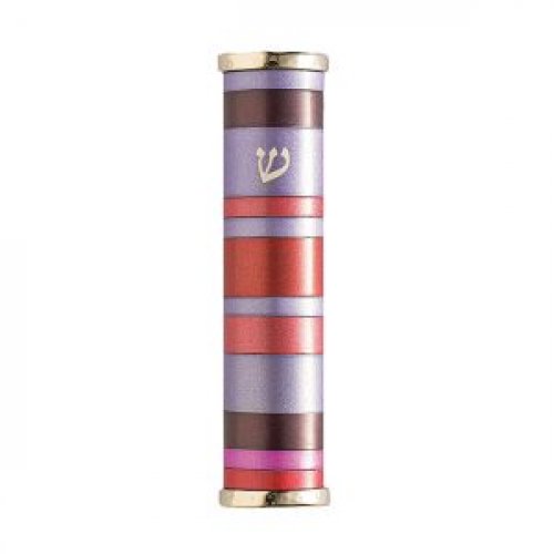 Wide Anodized Aluminum Round Mezuzah Case with Red and Purple Stripes - Yair Emanuel