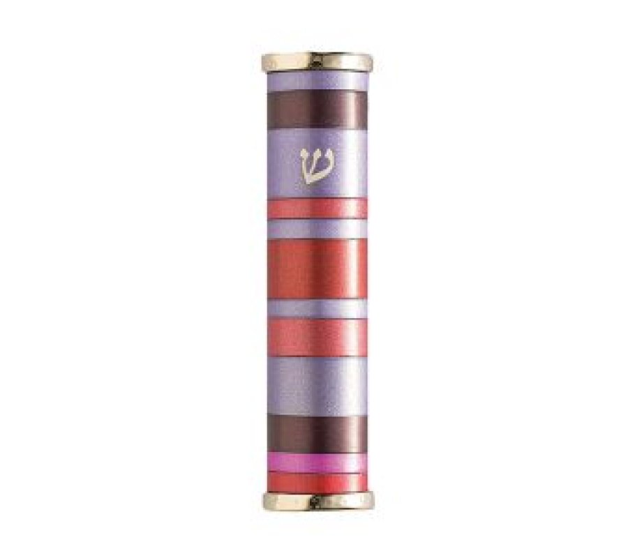 Wide Anodized Aluminum Round Mezuzah Case with Red and Purple Stripes - Yair Emanuel