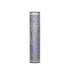 Wide Cutout Rounded Mezuzah Case, Pomegranates in Powder Blue and Silver - Yair Emanuel