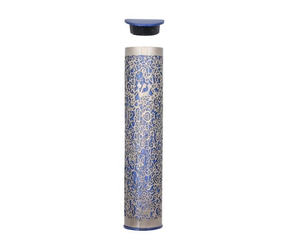 Wide Cutout Rounded Mezuzah Case, Pomegranates in Powder Blue and Silver - Yair Emanuel