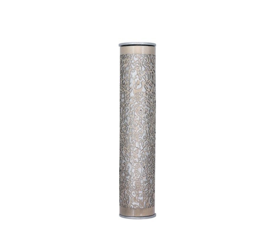 Wide Cutout Rounded Mezuzah Case, Pomegranates in Silver - Yair Emanuel
