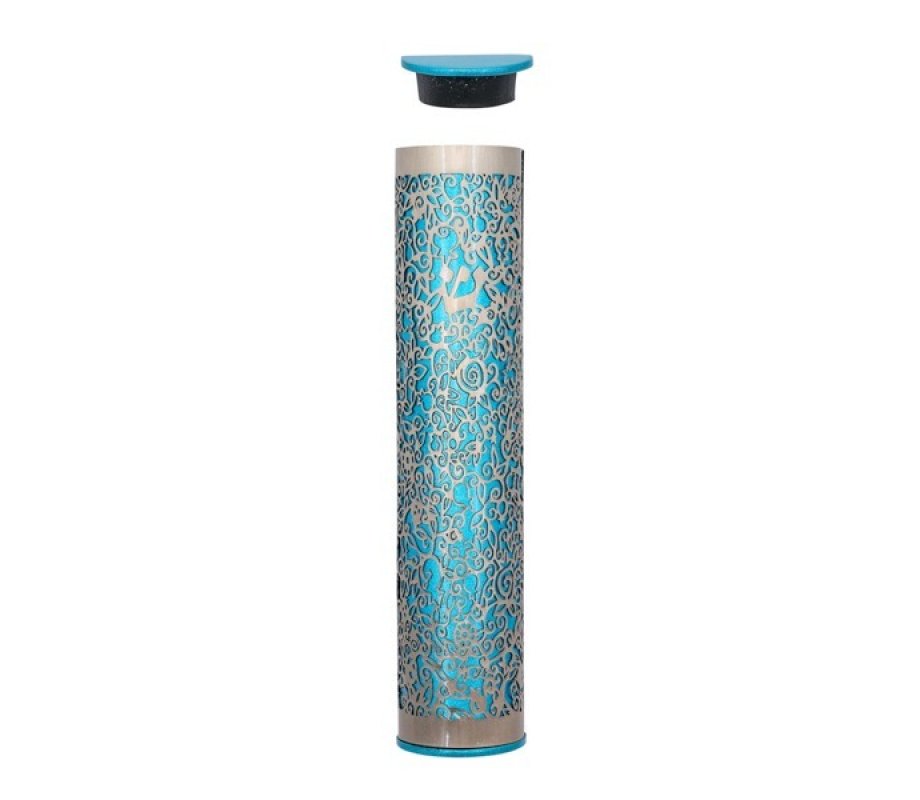 Wide Cutout Rounded Mezuzah Case, Pomegranates in Turquoise and Silver - Yair Emanuel