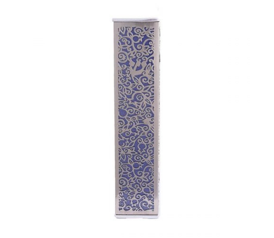 Wide Mezuzah Case with Cutout Pomegranates and Flowers, Purple - Yair Emanuel