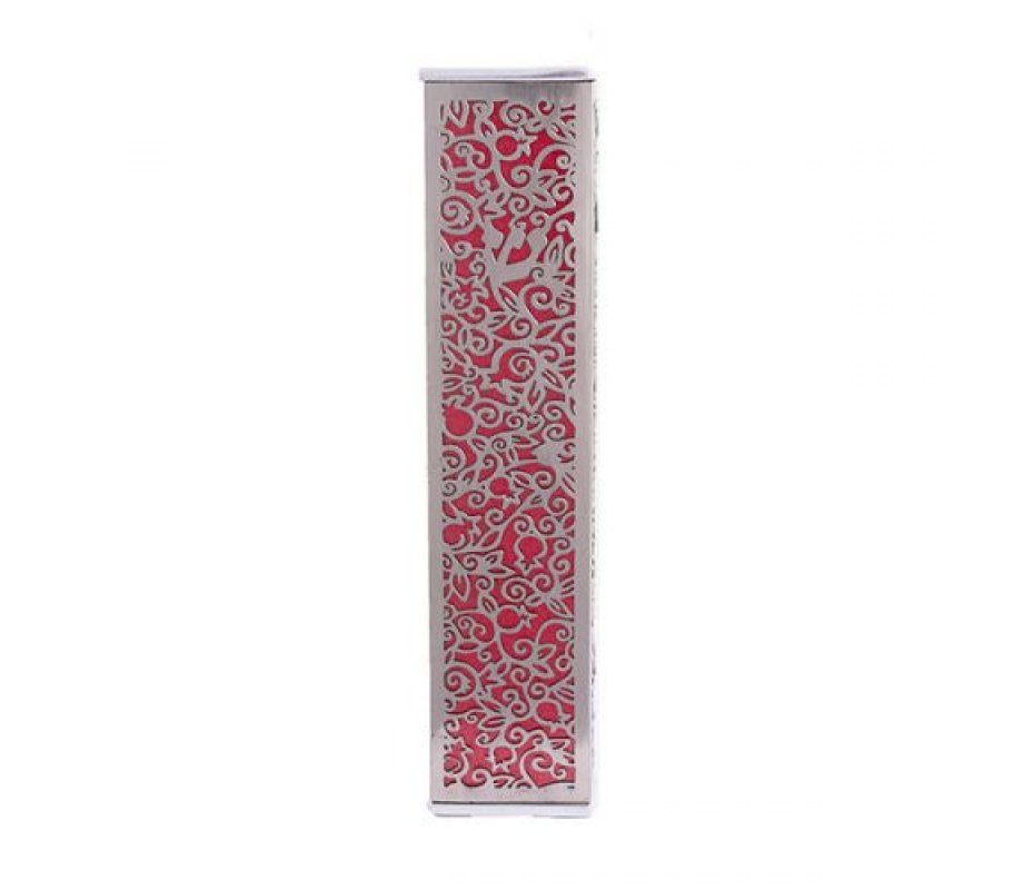 Wide Mezuzah Case with Cutout Pomegranates and Flowers, Red - Yair Emanuel