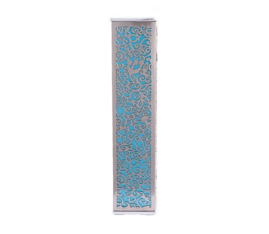 Wide Mezuzah Case with Cutout Pomegranates and Flowers, Turquoise - Yair Emanuel