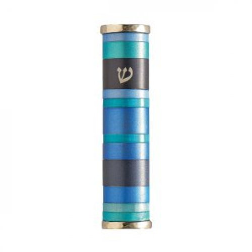 Wide Rounded Anodized Aluminum Mezuzah Case with Blue Stripes - Yair Emanuel