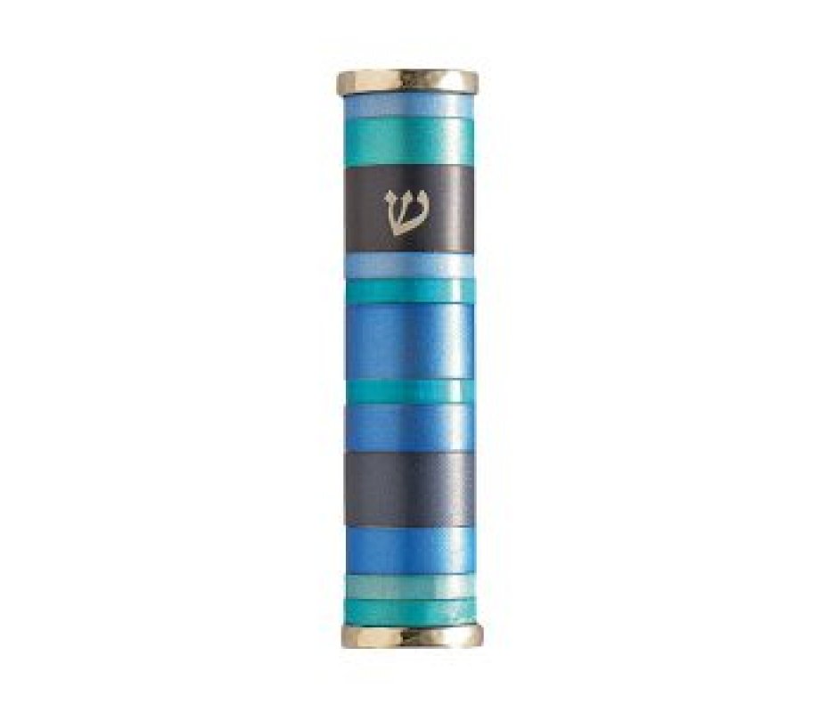 Wide Rounded Anodized Aluminum Mezuzah Case with Blue Stripes - Yair Emanuel