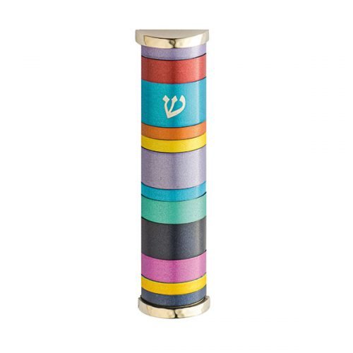 Wide Rounded Anodized Aluminum Mezuzah Case with Colorful Stripes - Yair Emanuel