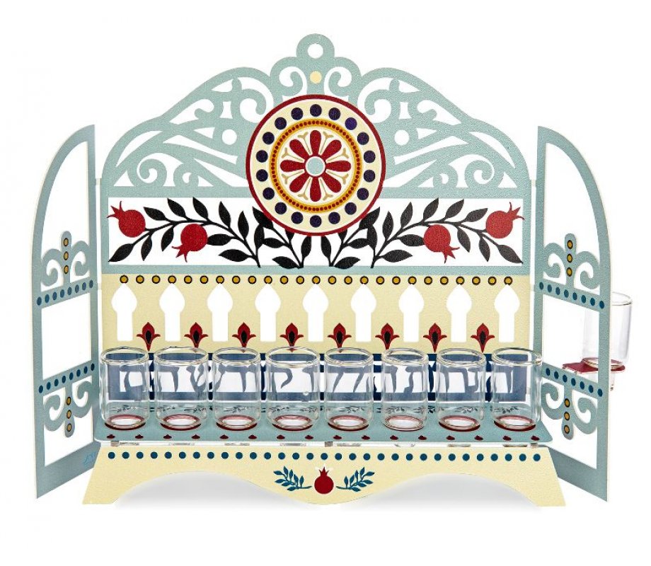 Window Hanukkah Menorah with Pomegranates and Swirls, For Oil - Dorit Judaica