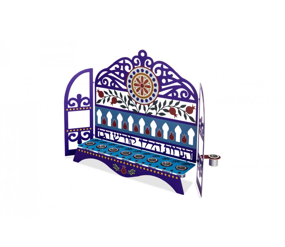 Window Menorah with Decorative Pomegranates and Swirls, for Candles - Dorit Judaica