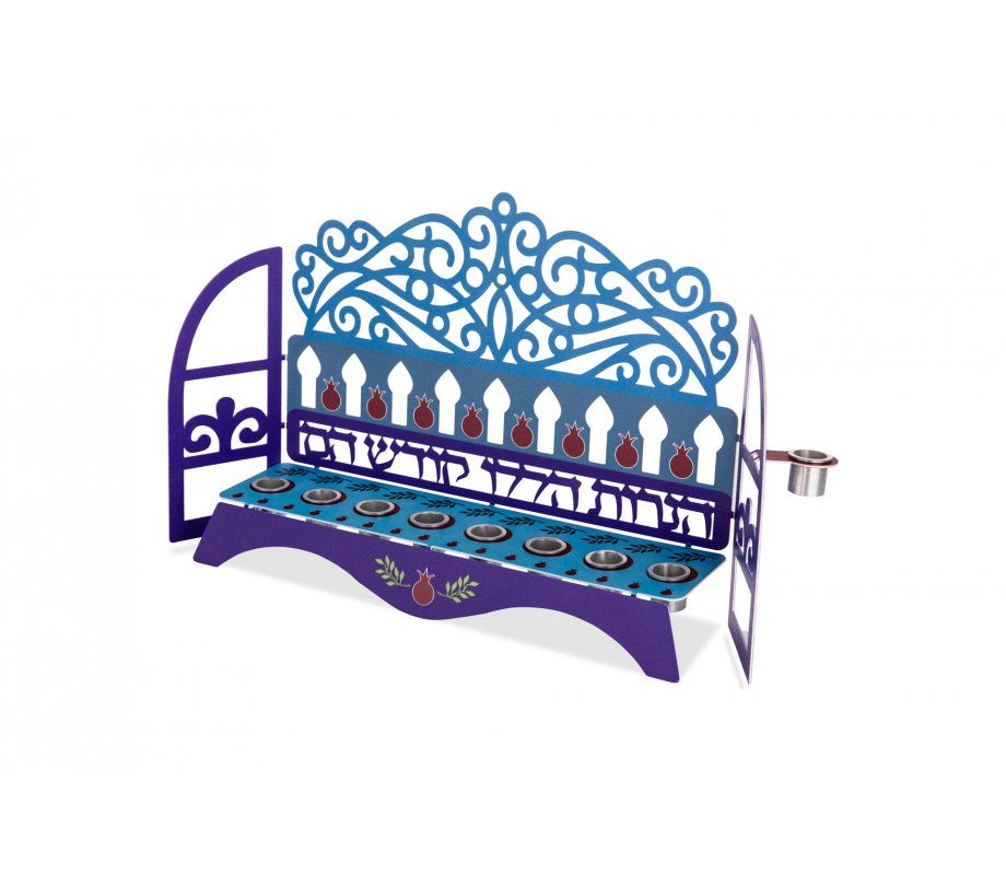 Window Menorah with Decorative Swirls and Pomegranates, for Candles - Dorit Judaica