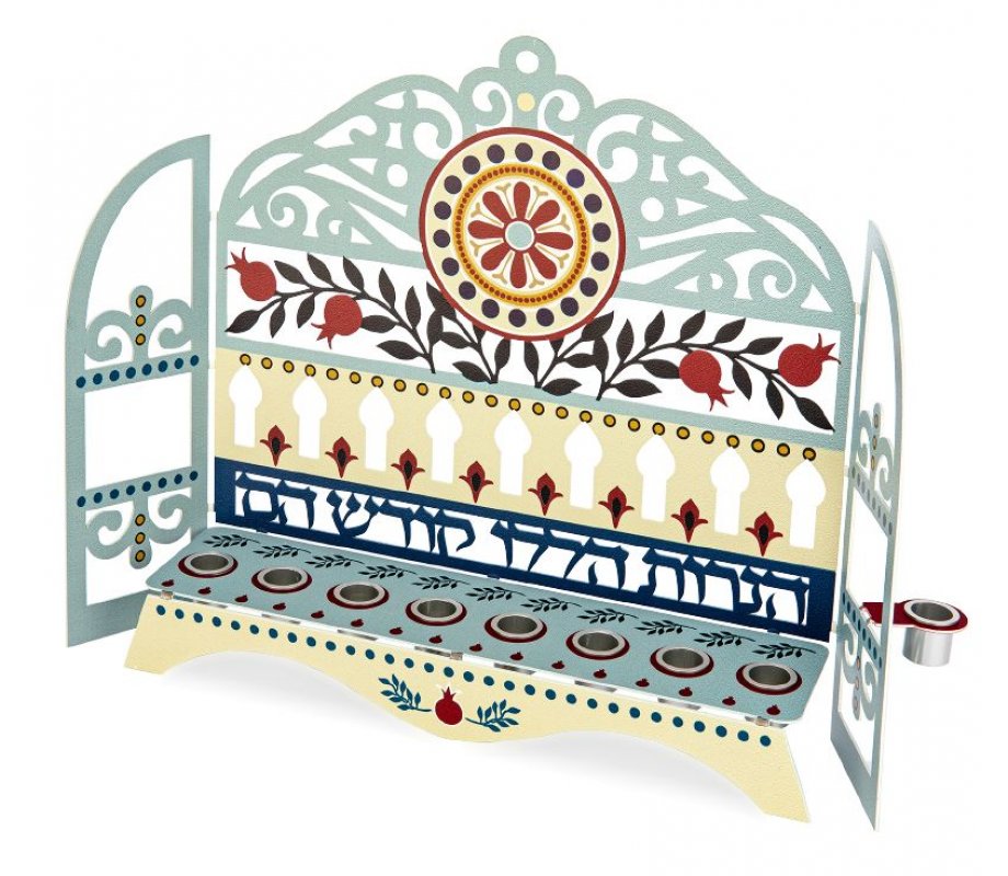 Window Menorah with Swirls Pomegranates and Hebrew Words, For Candles or Oil - Dorit Judaica
