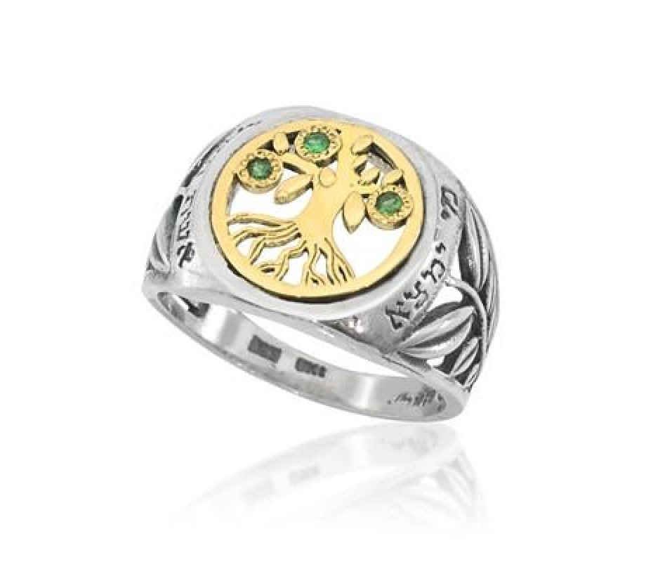 Woman of Valor Silver Ring with Gold Tree of Life and Green Emeralds - Ha’Ari