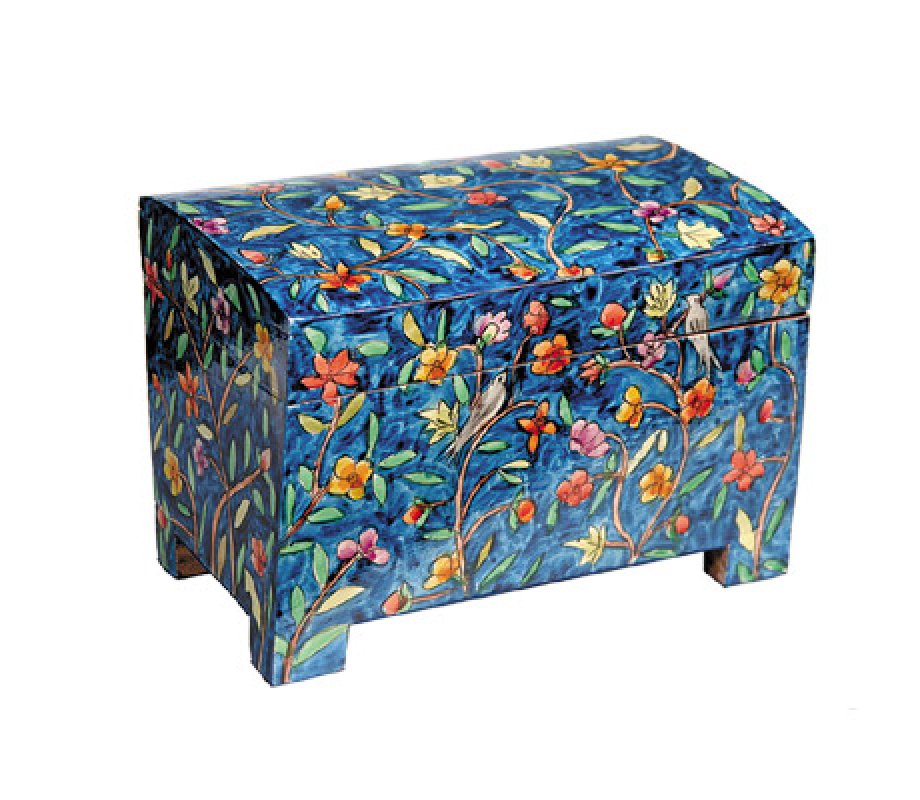 Wood Etrog Box with Hand Painted Forest Images, Blue - Yair Emanuel