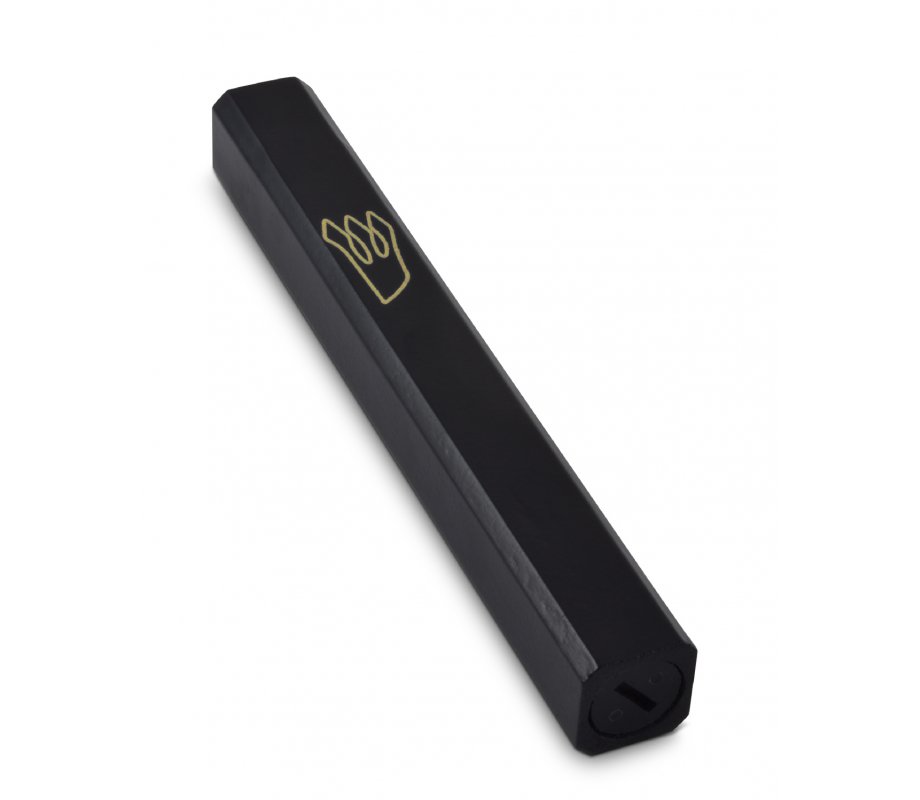 Wood Mezuzah Case, Black Color with Gold Shin Outline - Selection for Lengths