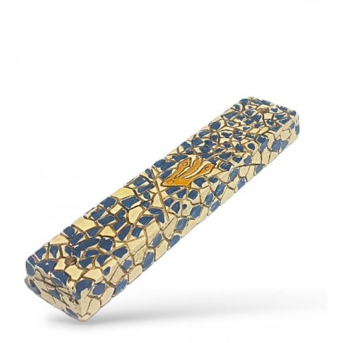 Wood Mezuzah Case with Blue Mosaic Design on Cream - Gold Shin