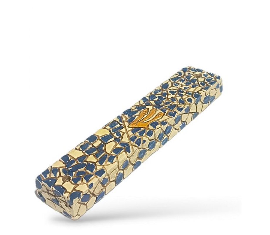 Wood Mezuzah Case with Blue Mosaic Design on Cream - Gold Shin
