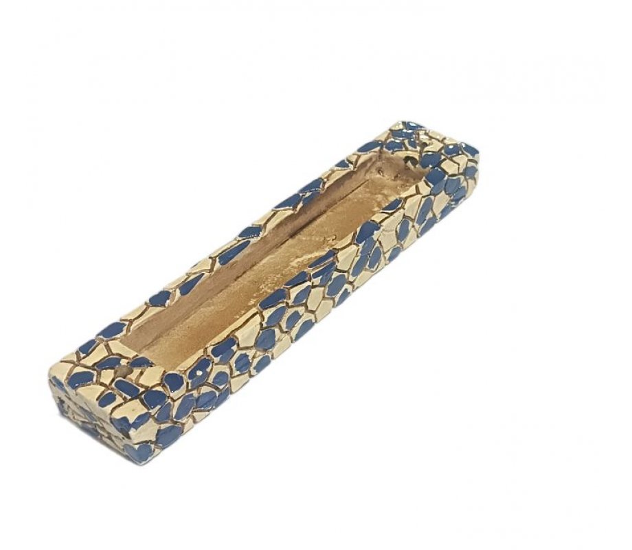 Wood Mezuzah Case with Blue Mosaic Design on Cream - Gold Shin