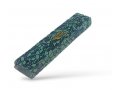 Wood Mezuzah Case with Dark Blue Mosaic Design on Turquoise - Gold Shin