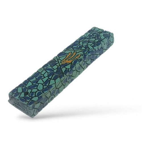 Wood Mezuzah Case with Dark Blue Mosaic Design on Turquoise - Gold Shin