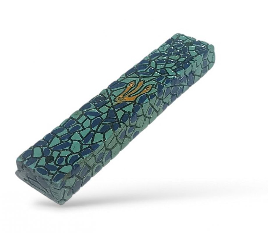 Wood Mezuzah Case with Dark Blue Mosaic Design on Turquoise - Gold Shin