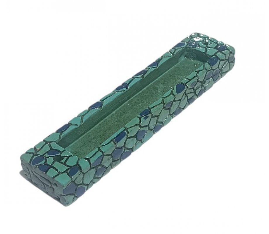 Wood Mezuzah Case with Dark Blue Mosaic Design on Turquoise - Gold Shin