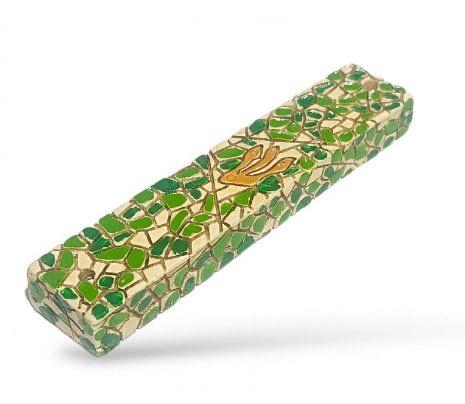 Wood Mezuzah Case with Green and Yellow Mosaic Design - Gold Shin