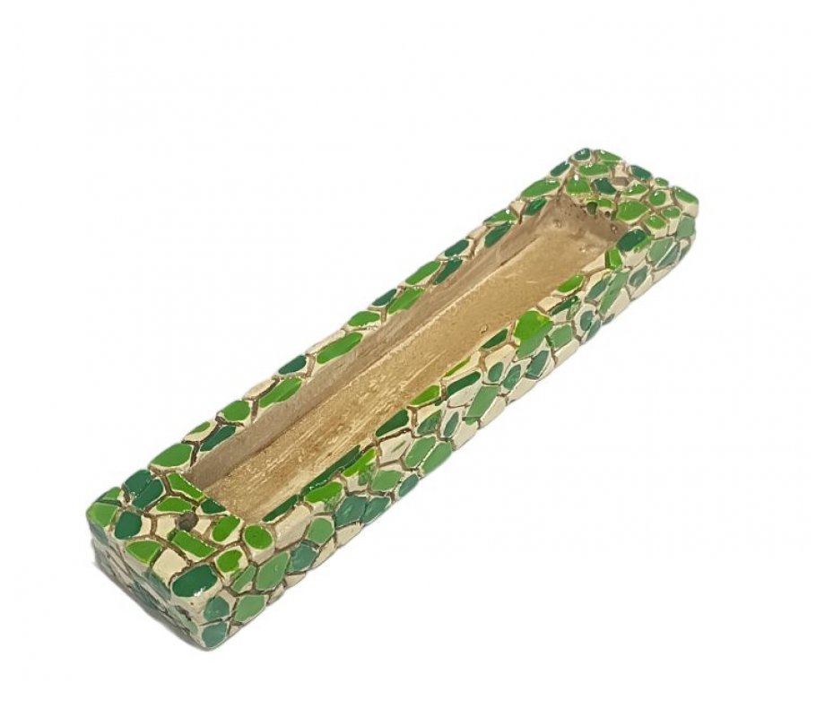 Wood Mezuzah Case with Green and Yellow Mosaic Design - Gold Shin
