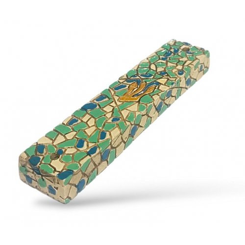 Wood Mezuzah Case with Mosaic Design, Green and Blue Turquoise - Gold Shin