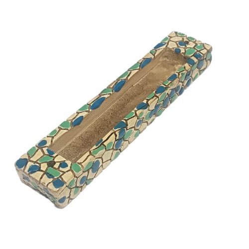 Wood Mezuzah Case with Mosaic Design, Green and Blue Turquoise - Gold Shin