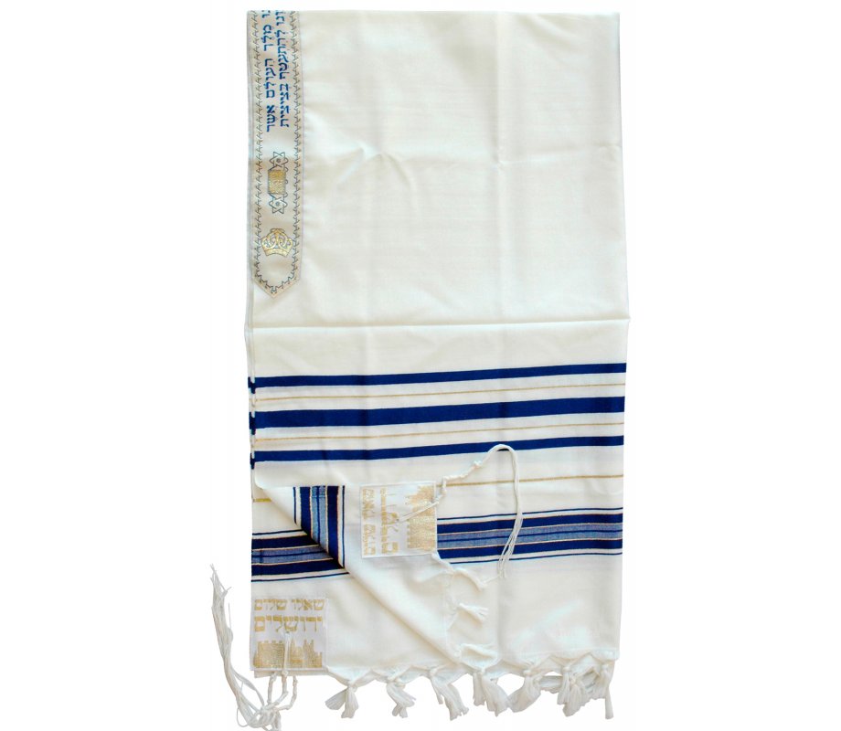 Talitnia Hadar Wool Blend Traditional Tallit Prayer Shawl (Blue and Silver),  Religious Articles