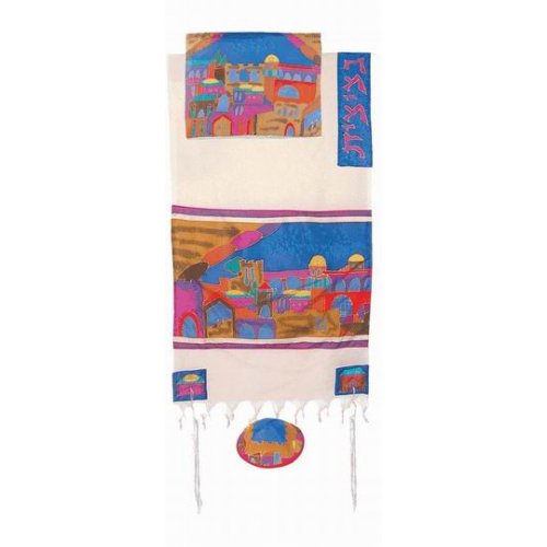 Woven Cotton and Hand Painted Silk Tallit Set, Golden Jerusalem - Yair Emanuel