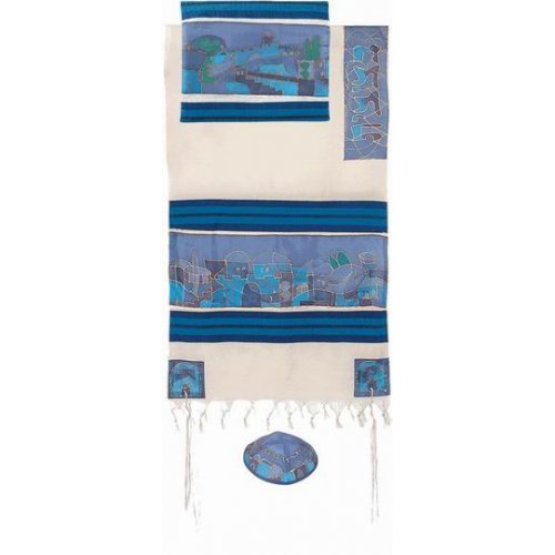 Woven Cotton and Silk Tallit Set, Blue - Jerusalem Views by Yair Emanuel